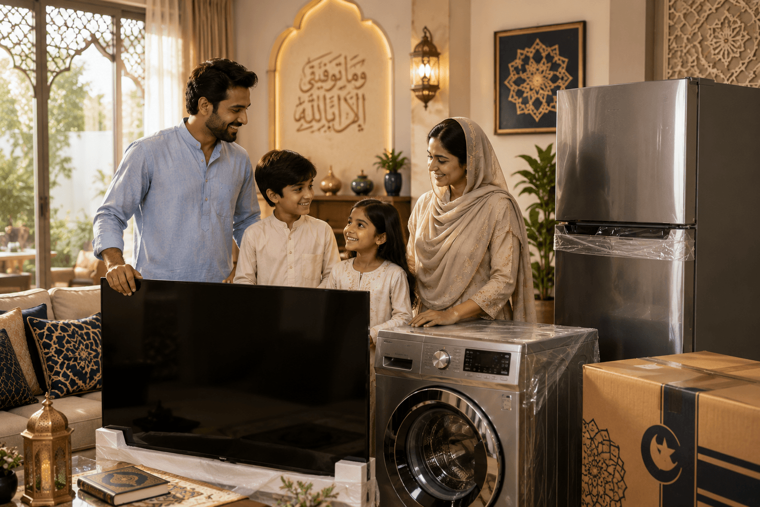 Family celebrating Shariah-compliant home appliances financing